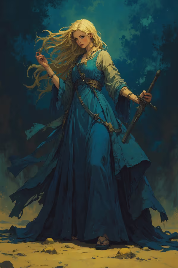 In a dreamlike, ethereal setting, a strikingly beautiful woman with long golden hair cascading behind her stands upon yellowish-brown earth. She wears a long dress in a deep, sea-like dark sky-blue hue, its fabric billowing in the wind against a backdrop of the same shadowy azure. Clutching the hilt of a drawn long greatsword with both hands, she holds it aloft, angled diagonally toward the sky. The scene emphasizes dramatic light and shadow through Rembrandtesque chiaroscuro, evoking the textured richness of an oil painting.