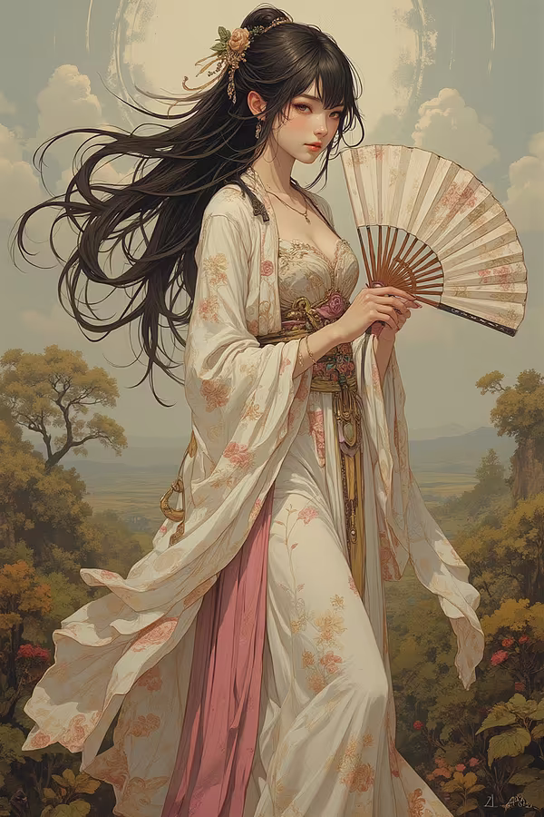 In the style of a Renaissance oil painting, an astonishingly beautiful, slender, and statuesque woman stands amidst an idyllic Eastern-inspired pastoral landscape. Adorned in a resplendent Tang Dynasty-era dress intricately embroidered in white and pink hues, she holds a fully unfurled fan in her right hand, her chin slightly tilted and partially concealed, while casting a dreamy, enigmatic gaze toward the viewer. Her hair, swept by the wind, cascades around her like a divine halo, evoking the ethereal presence of a goddess.