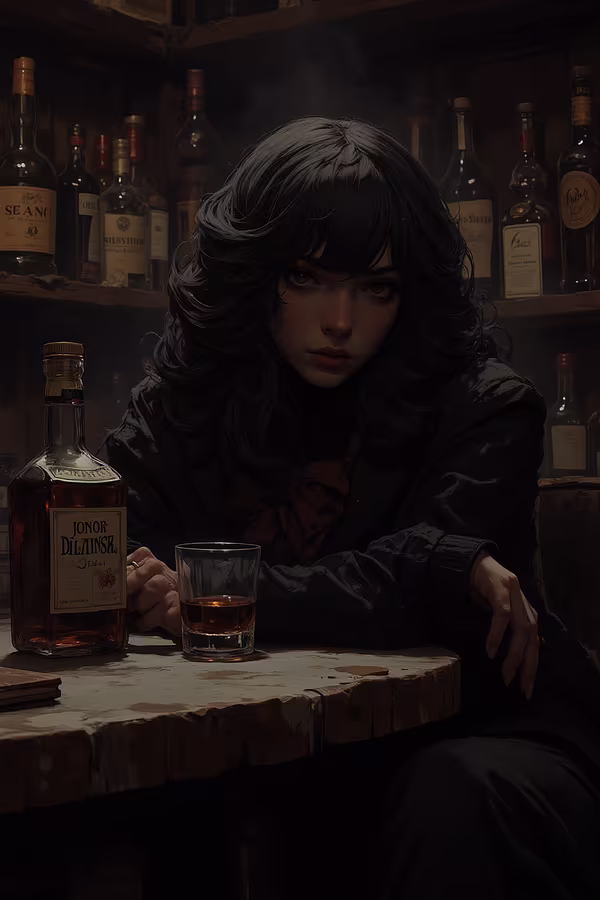 In the style of a noir film, the dim interior of a whiskey bar is barely illuminated by a faint, smoky light. The harsh chiaroscuro—a stark interplay of shadow and illumination—casts dramatic contrasts across the room, spotlighting a young woman slouched obliquely at the bar table. Her features are striking: voluminous jet-black hair cascades in pearl-studded waves, framing a face of sharp, urbane beauty. Her attire exudes intellectual precision, yet carries an edge that radiates enigmatic tension. Behind her, rows of foreign liquor bottles line the shelves, while a half-empty bottle and a glass rest before her. She stares vacantly at the drink, her gaze clouded by a labyrinth of sorrow and anguish.