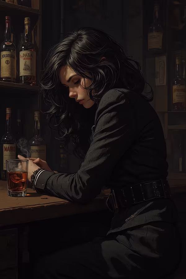 In the style of a noir film, the dim interior of a whiskey bar is barely illuminated by a faint, smoky light. The harsh chiaroscuro—a stark interplay of shadow and illumination—casts dramatic contrasts across the room, spotlighting a young woman slouched obliquely at the bar table. Her features are striking: voluminous jet-black hair cascades in pearl-studded waves, framing a face of sharp, urbane beauty. Her attire exudes intellectual precision, yet carries an edge that radiates enigmatic tension. Behind her, rows of foreign liquor bottles line the shelves, while a half-empty bottle and a glass rest before her. She stares vacantly at the drink, her gaze clouded by a labyrinth of sorrow and anguish.