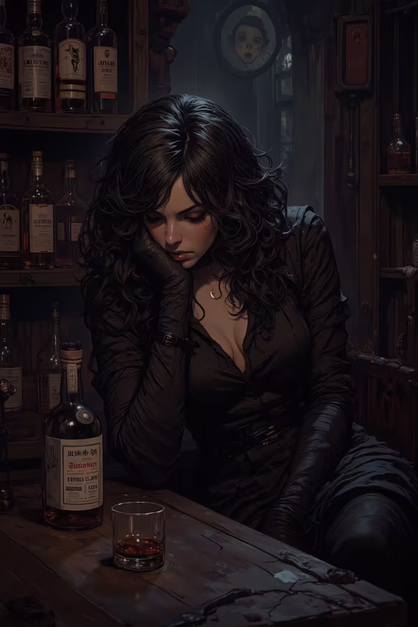 In the style of a noir film, the dim interior of a whiskey bar is barely illuminated by a faint, smoky light. The harsh chiaroscuro—a stark interplay of shadow and illumination—casts dramatic contrasts across the room, spotlighting a young woman slouched obliquely at the bar table. Her features are striking: voluminous jet-black hair cascades in pearl-studded waves, framing a face of sharp, urbane beauty. Her attire exudes intellectual precision, yet carries an edge that radiates enigmatic tension. Behind her, rows of foreign liquor bottles line the shelves, while a half-empty bottle and a glass rest before her. She stares vacantly at the drink, her gaze clouded by a labyrinth of sorrow and anguish.