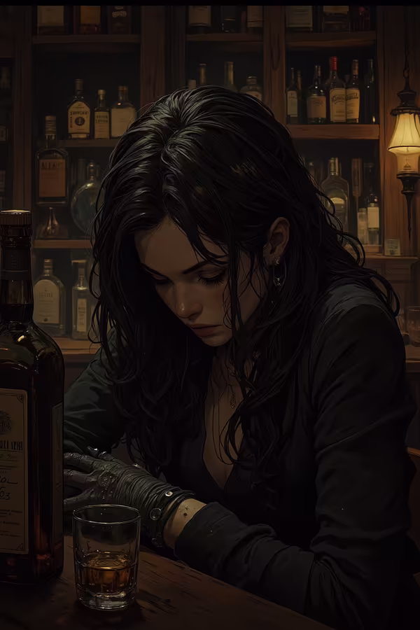 In the style of a noir film, the dim interior of a whiskey bar is barely illuminated by a faint, smoky light. The harsh chiaroscuro—a stark interplay of shadow and illumination—casts dramatic contrasts across the room, spotlighting a young woman slouched obliquely at the bar table. Her features are striking: voluminous jet-black hair cascades in pearl-studded waves, framing a face of sharp, urbane beauty. Her attire exudes intellectual precision, yet carries an edge that radiates enigmatic tension. Behind her, rows of foreign liquor bottles line the shelves, while a half-empty bottle and a glass rest before her. She stares vacantly at the drink, her gaze clouded by a labyrinth of sorrow and anguish.