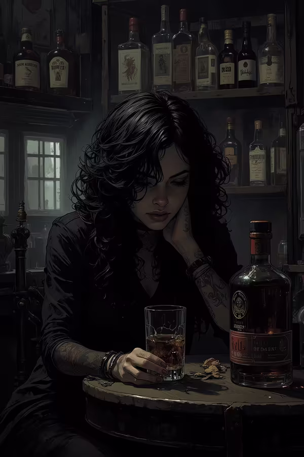 In the style of a noir film, the dim interior of a whiskey bar is barely illuminated by a faint, smoky light. The harsh chiaroscuro—a stark interplay of shadow and illumination—casts dramatic contrasts across the room, spotlighting a young woman slouched obliquely at the bar table. Her features are striking: voluminous jet-black hair cascades in pearl-studded waves, framing a face of sharp, urbane beauty. Her attire exudes intellectual precision, yet carries an edge that radiates enigmatic tension. Behind her, rows of foreign liquor bottles line the shelves, while a half-empty bottle and a glass rest before her. She stares vacantly at the drink, her gaze clouded by a labyrinth of sorrow and anguish.