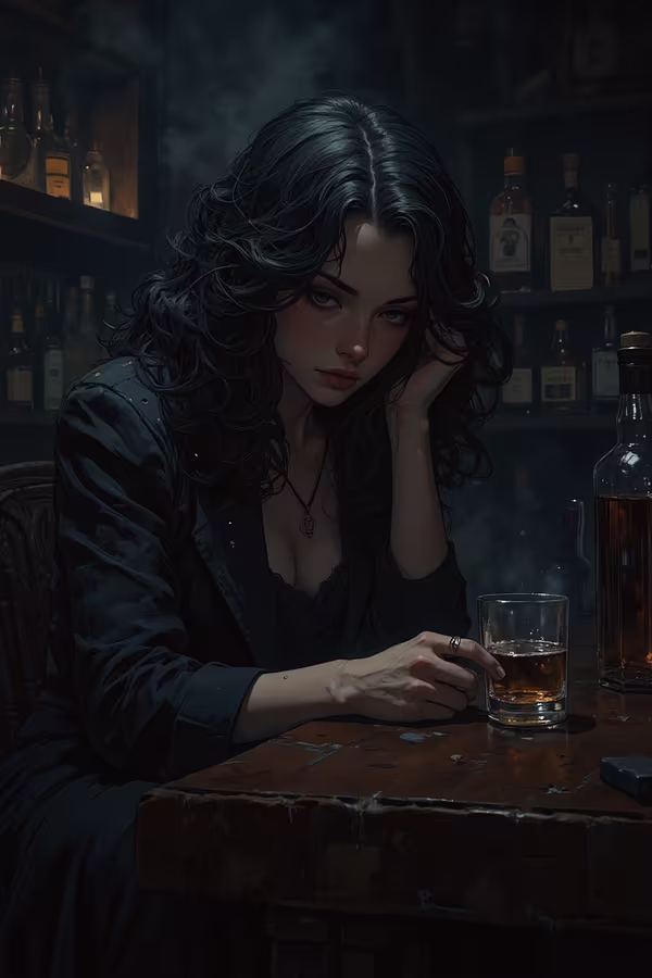 In the style of a noir film, the dim interior of a whiskey bar is barely illuminated by a faint, smoky light. The harsh chiaroscuro—a stark interplay of shadow and illumination—casts dramatic contrasts across the room, spotlighting a young woman slouched obliquely at the bar table. Her features are striking: voluminous jet-black hair cascades in pearl-studded waves, framing a face of sharp, urbane beauty. Her attire exudes intellectual precision, yet carries an edge that radiates enigmatic tension. Behind her, rows of foreign liquor bottles line the shelves, while a half-empty bottle and a glass rest before her. She stares vacantly at the drink, her gaze clouded by a labyrinth of sorrow and anguish.