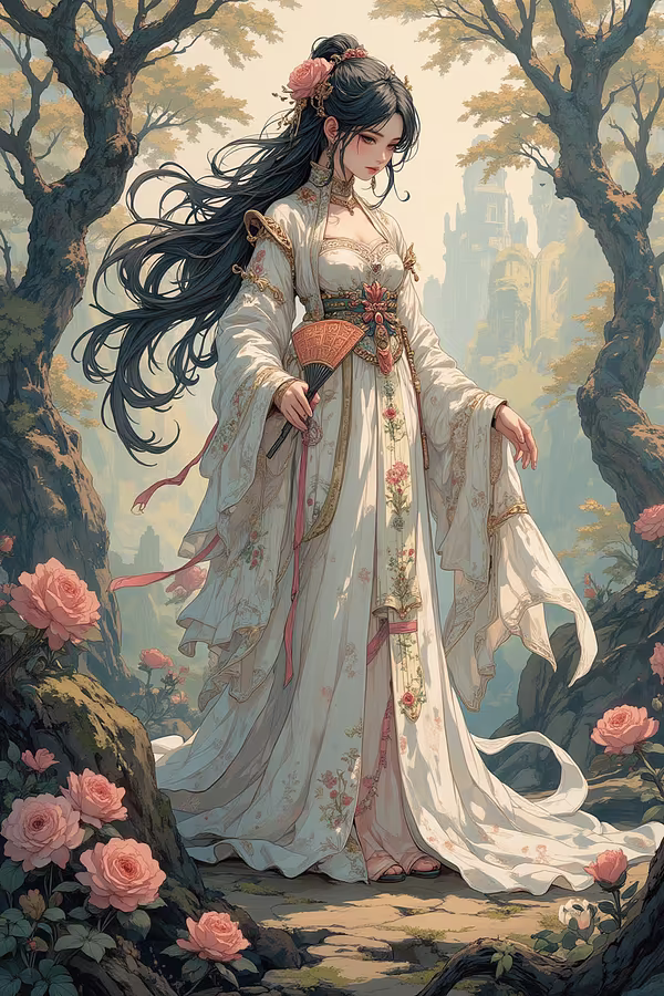 Ancient Chinese tree and flower style, an astonishingly beautiful, slender, and statuesque woman stands amidst an idyllic Eastern-inspired pastoral landscape. Adorned in a resplendent Tang Dynasty-era dress intricately embroidered in white and pink hues, she holds a fully unfurled fan in her right hand, her chin slightly tilted and partially concealed, while casting a dreamy, enigmatic gaze toward the viewer. Her hair, swept by the wind, cascades around her like a divine halo, evoking the ethereal presence of a goddess.