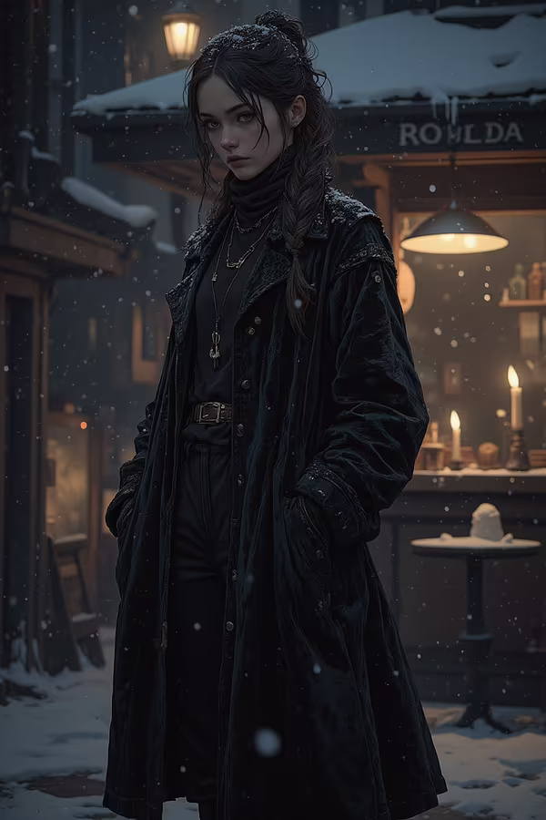 Winter, an evening with heavy snowflakes swirling in the wind, in a quiet alleyway of a rural town. In front of a quiet café exuding a retro atmosphere, stands a very slender and extremely tall woman. Her face is slightly tilted, but her facial features are sharply defined—she is strikingly beautiful, lovely, and feminine. She stands there catching the falling snow, wearing a black velvet long coat, a feminine turtleneck that highlights her graceful neckline, and boots. The glow from the street lamps and the café lights softly illuminates her face, making her appear brighter, warmer, and more radiant against the subtle darkness. Her distant gaze, calm yet deep and mysterious, seems to reveal something profound within her.