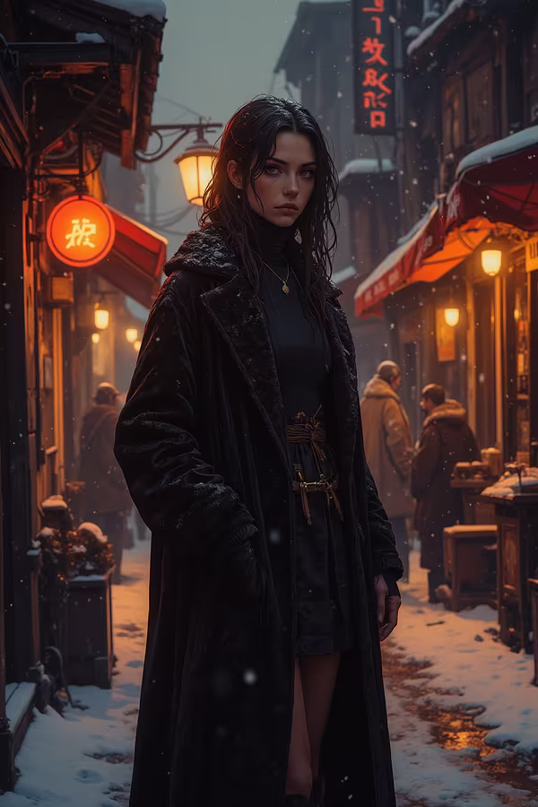 Winter, an evening with heavy snowflakes swirling in the wind, in a quiet alleyway of a rural town. In front of a quiet café exuding a retro atmosphere, stands a very slender and extremely tall woman. Her face is slightly tilted, but her facial features are sharply defined—she is strikingly beautiful, lovely, and feminine. She stands there catching the falling snow, wearing a black velvet long coat, a feminine turtleneck that highlights her graceful neckline, and boots. The glow from the street lamps and the café lights softly illuminates her face, making her appear brighter, warmer, and more radiant against the subtle darkness. Her distant gaze, calm yet deep and mysterious, seems to reveal something profound within her.